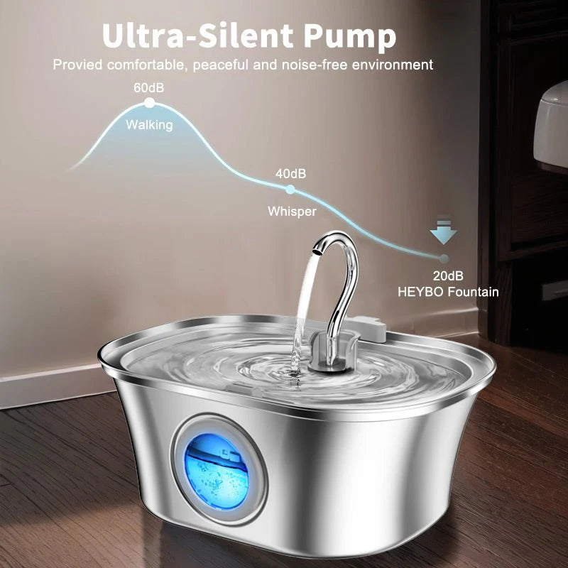 HEYBO Cat Water Fountain 3.2L Automatic Stainless Steel Pet Fountain Dog Water Dispenser