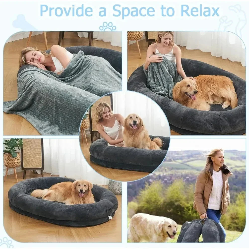 Human-Sized Dog Bed for Adults - Giant Nap Bed in Dark Grey & Black, 72"X48"X10"