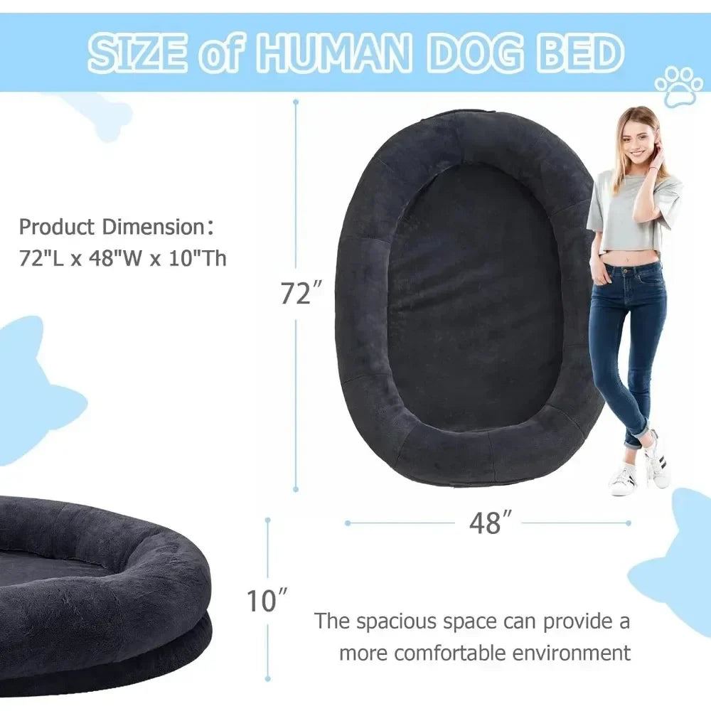 Human-Sized Dog Bed for Adults - Giant Nap Bed in Dark Grey & Black, 72"X48"X10"