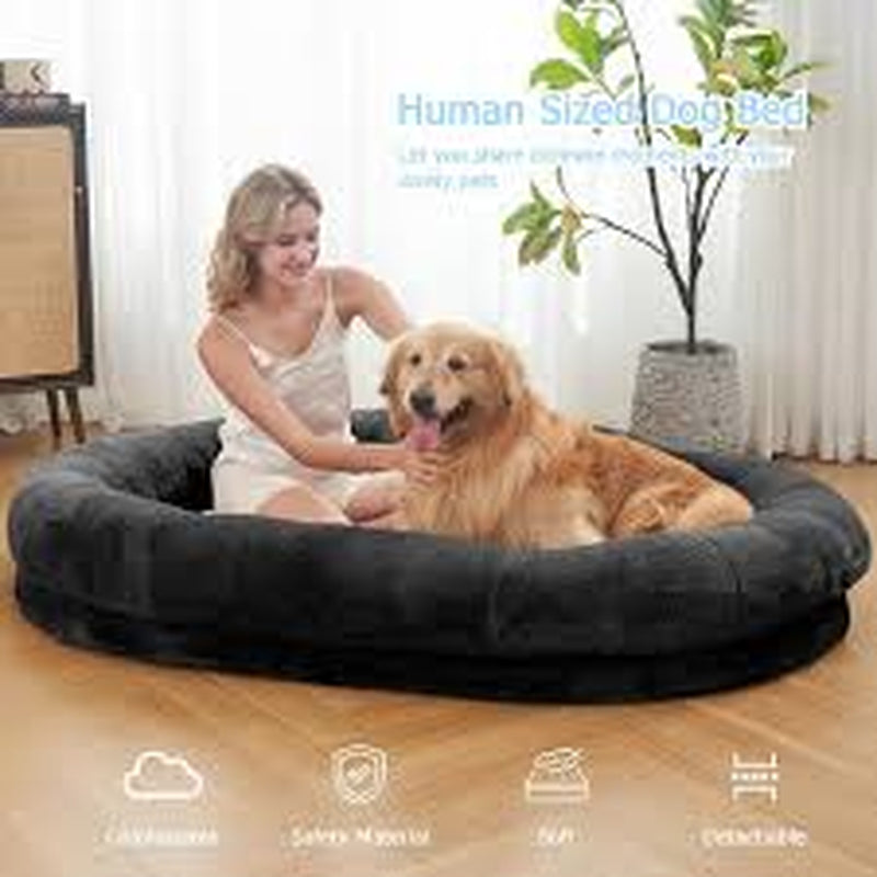 Human-Sized Dog Bed for Adults - Giant Nap Bed in Dark Grey & Black, 72"X48"X10"